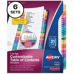 Avery Pre-Printed 31-Tab Numeric Dividers Customizable 11831
