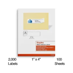 Staples Laser/Inkjet Address Labels 1" X 4" White 20 Labels/Sheet 479879