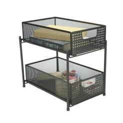 Mind Reader Metal Mesh Heavy Duty Organizer [2 TIER] Slide Out Basket Drawer For Kitchen, Bathroom, Office Desk (BLACK)