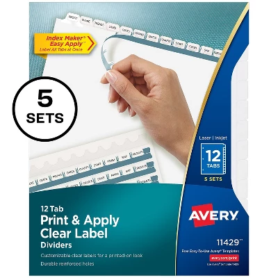 Avery Print & Apply Clear Label Dividers W/White Tabs 12-Tab Letter 5 Sets 11429 1 Avery Print & Apply Clear Label Dividers W/White Tabs 12-Tab Letter 5 Sets 11429