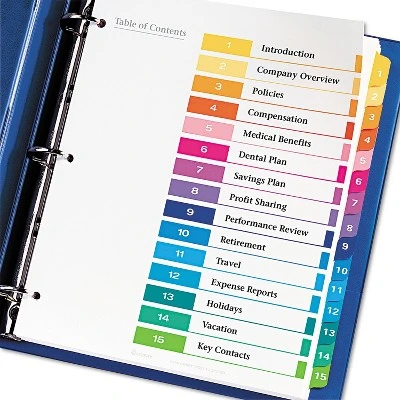 Avery Ready Index Customizable Table Of Contents Asst Dividers 15-Tab Ltr 6 Sets 11197 1 Avery Ready Index Customizable Table Of Contents Asst Dividers 15-Tab Ltr 6 Sets 11197