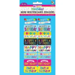 Ashley Productions Mini Whiteboard Erasers Happy Birthday 2" X 1" X 0.75" Pack Of 16 (ASH78016)