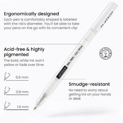 Arteza Gel Pen Set, White, 0.6mm, 0.8mm, And 1.00 Mm Nibs - Doodle, Draw, Journal -12 Pack 1 Arteza Gel Pen Set, White, 0.6mm, 0.8mm, And 1.00 Mm Nibs - Doodle, Draw, Journal -12 Pack