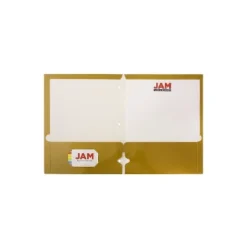 JAM Paper Laminated Glossy 3 Hole Punch Two-Pocket School Folders Gold 385GHPGOC