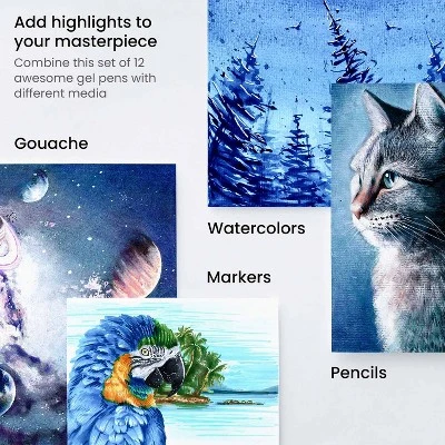 Arteza Gel Pen Set, White, 0.6mm, 0.8mm, And 1.00 Mm Nibs - Doodle, Draw, Journal -12 Pack 2 Arteza Gel Pen Set, White, 0.6mm, 0.8mm, And 1.00 Mm Nibs - Doodle, Draw, Journal -12 Pack - Image 2